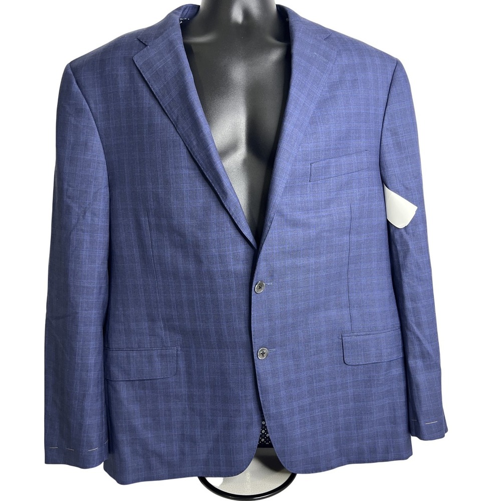 Hickey‎ Freeman Blazer Mens 47 Regular Blue Plaid 100% Wool Made USA Jacket